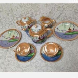 1920-30s, Lusterware, Japan, Variant Polychrome Blue Willow 11pc Tea Set
